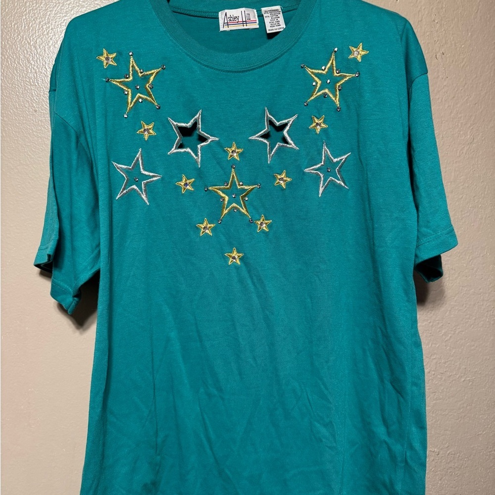 Ashley‎ Hill Teal Star Embellished T-Shirt Women’s L